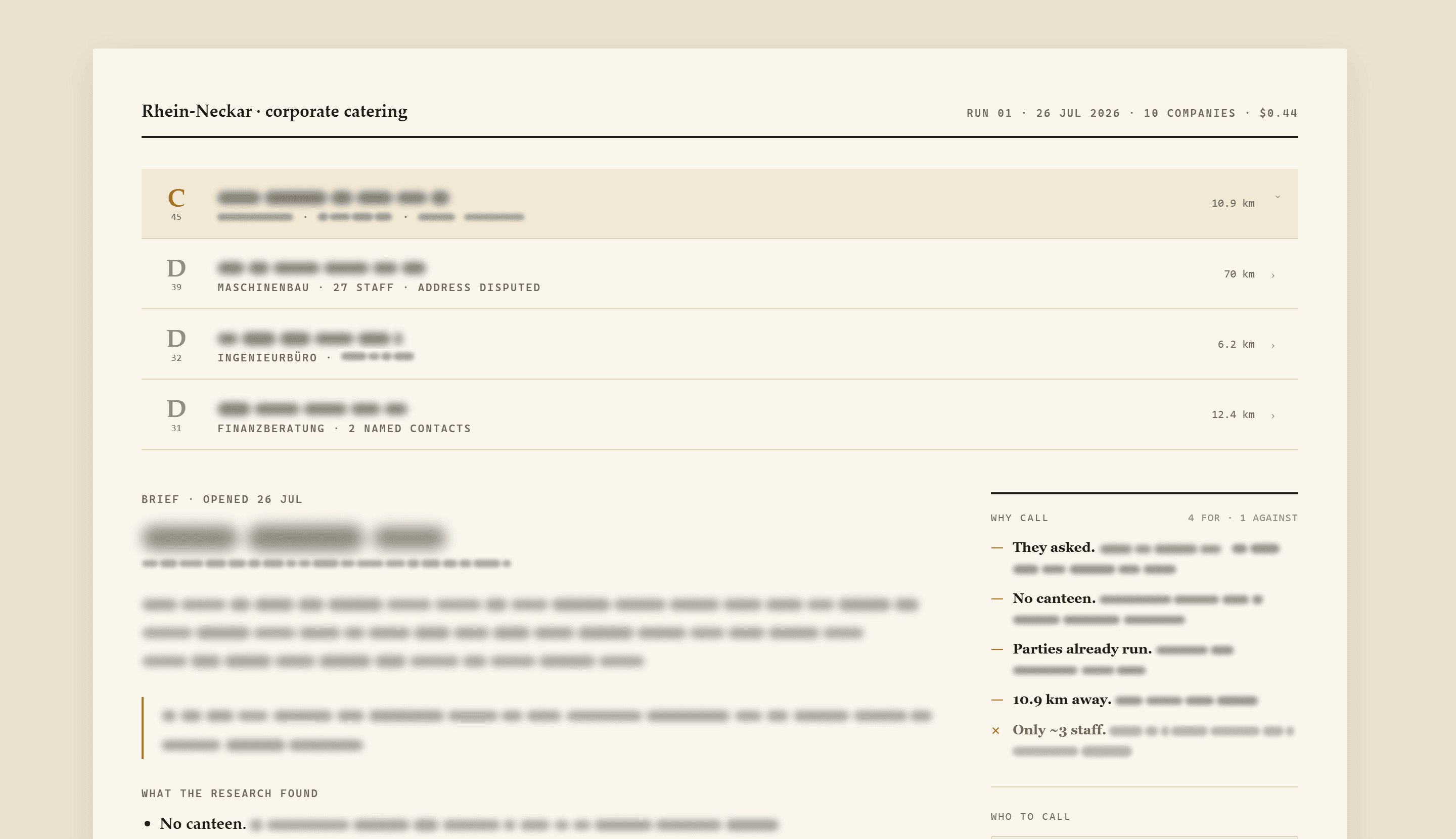 Lead Engine: a scored list of researched companies, names and details blurred